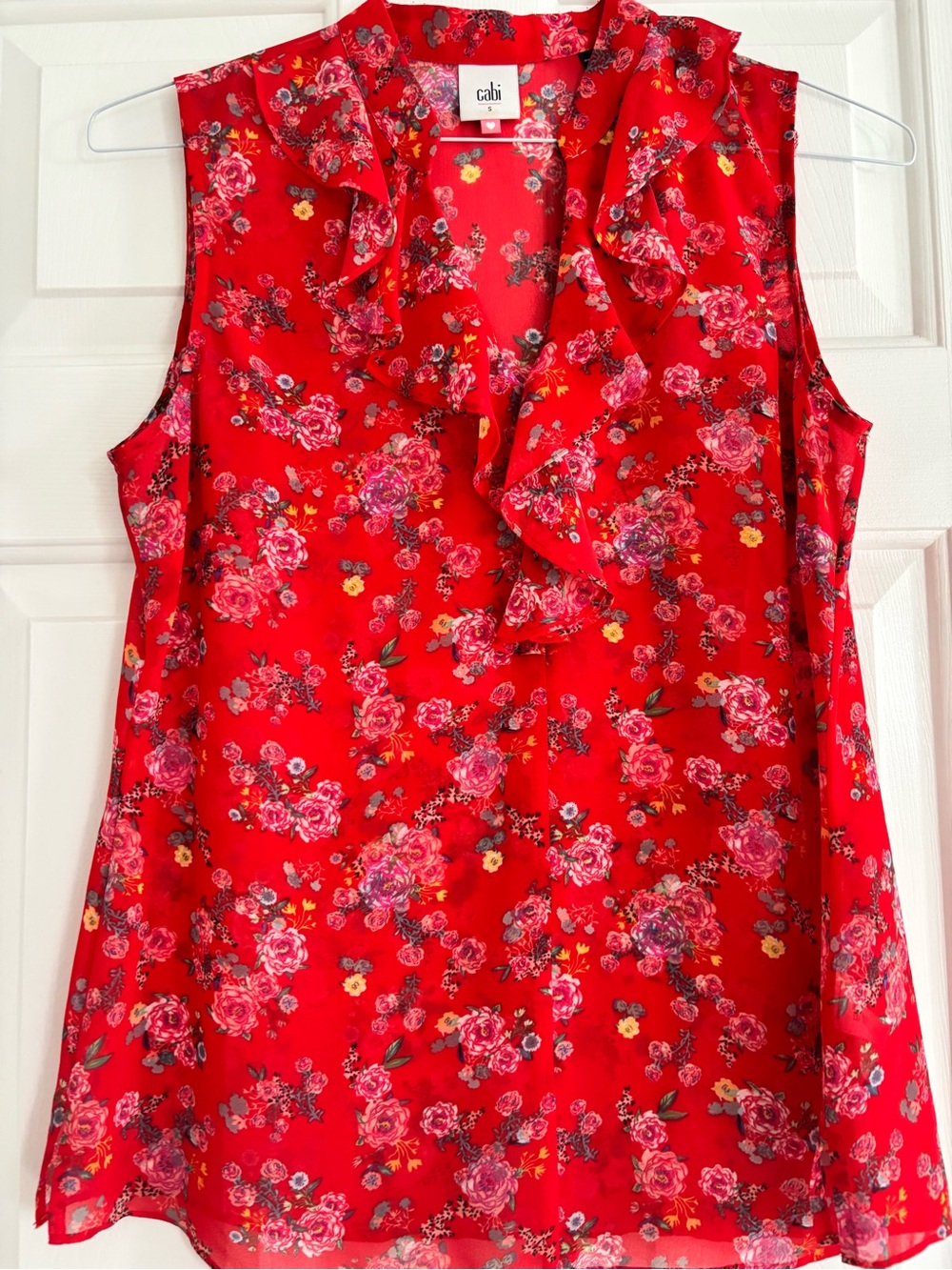 CAbi Red Floral Ruffle V-Neck Sleeveless Camisole